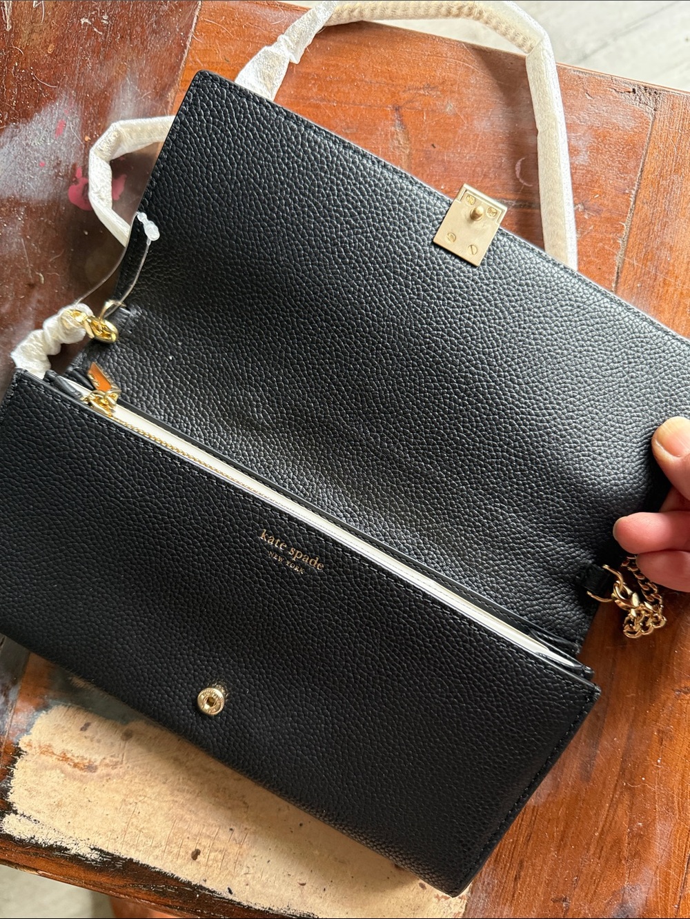 Black Pebbled Leather Crossbody Wallet with Gold Hardware